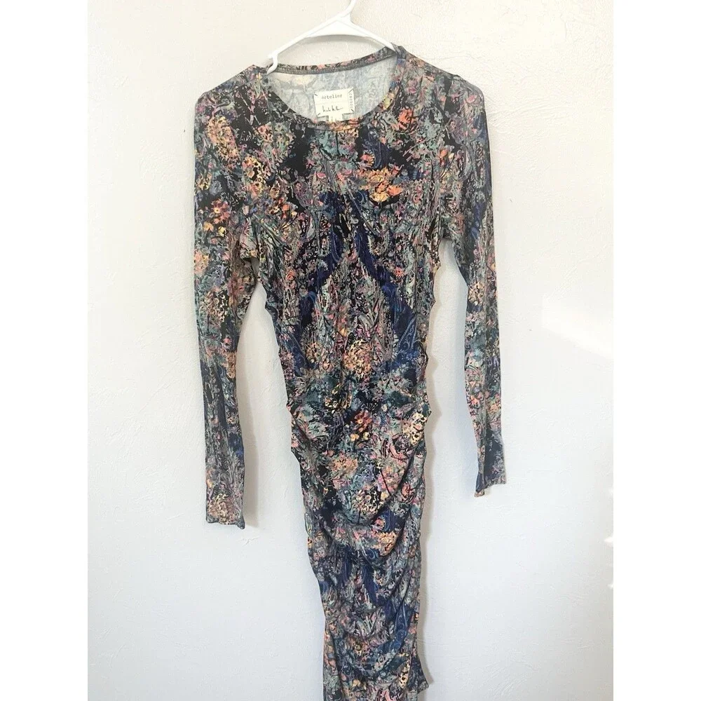 Nicole Miller Artelier Dress Size Small Floral Blue Ruched Long Sleeve Midi $199